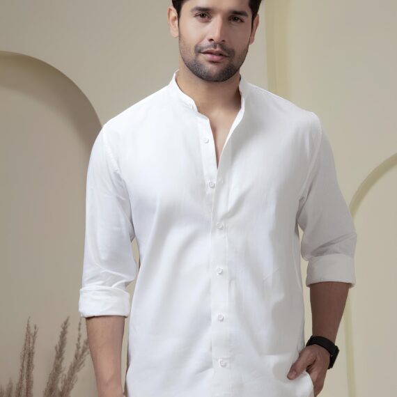 Men's Linen Cotton White Mandarin Collar Shirt (1pcs)