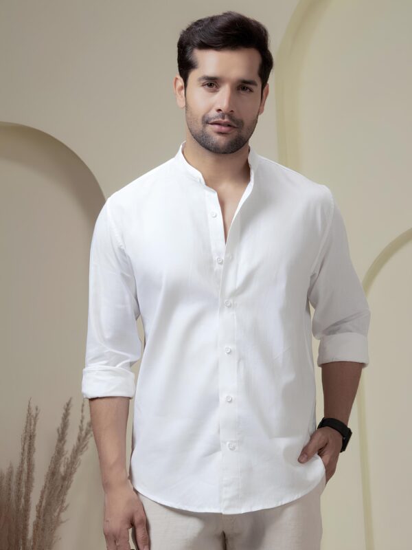 Men's Linen Cotton White Mandarin Collar Shirt (1pcs)