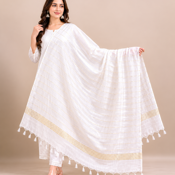 Cotton Blend Self Design White Women Dupatta Only